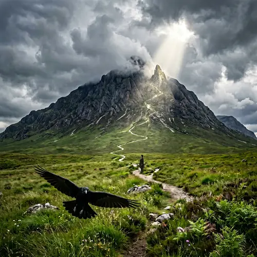 Epic Fantasy Scene of Mountain and Crow