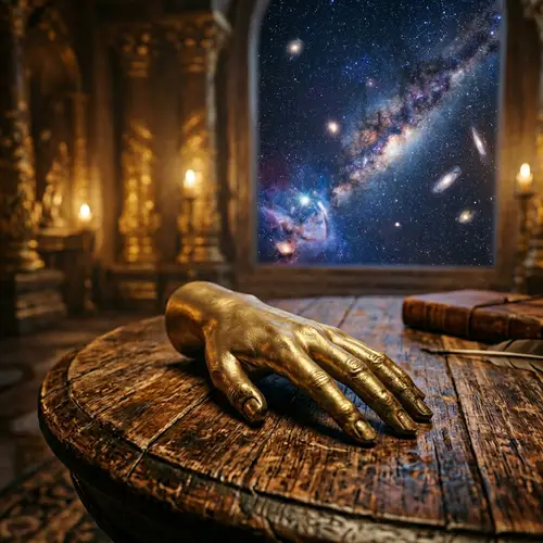 Closeup of a Golden Hand on a Wooden Table