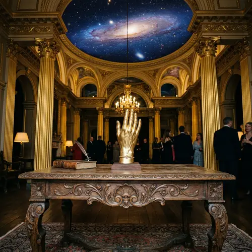 Gold Hand Sculpture on Vintage Wooden Table