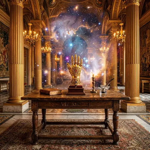 Golden Hand on Antique Table: Opulent Celestial Scene