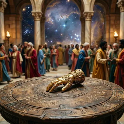 Golden Hand on Ancient Table - Surreal Scene