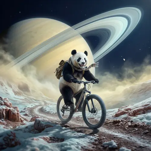 Playful Panda Biking on Saturn | Ethereal Journey Imagery