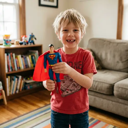 Joyful Seven-Year-Old Blond Boy with Favorite Superhero Toy