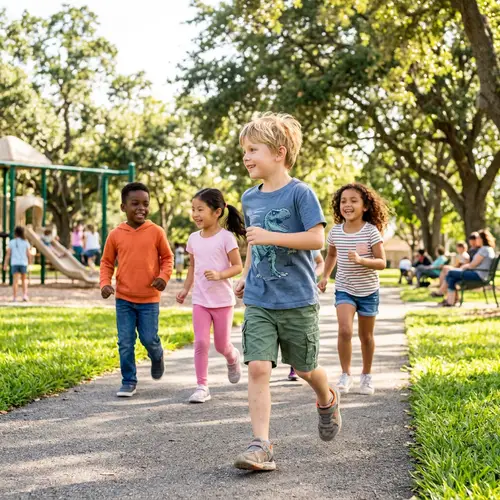Seven-Year-Old Boy Having Fun at Park with Diverse Friends