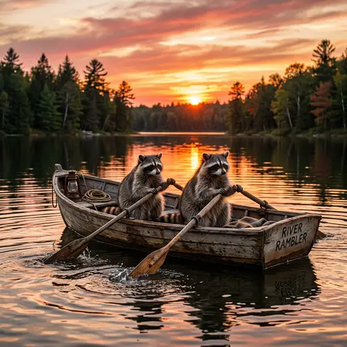Rustic Rowing Raccoons: Tranquil Sunset on Forest Lake
