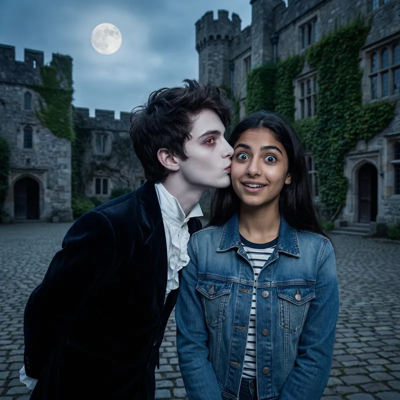 Enchanting vampire boy kisses girls in moonlit courtyard