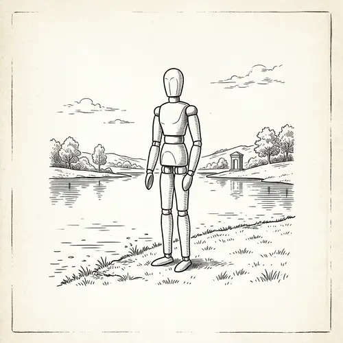 Minimalistic Pen Drawing of Mannequin by Water - Artwork