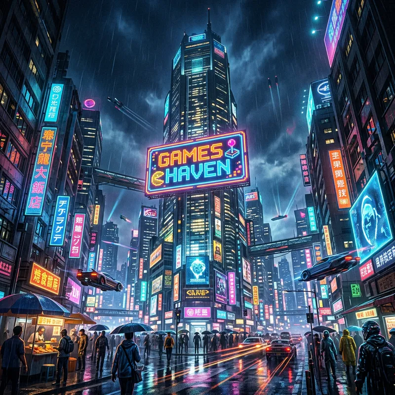 Cyberpunk City Tower with Games Haven Pixel Art