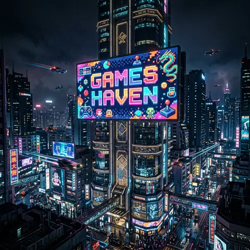 Cyberpunk City Tower: Games Haven Sign in Pixel Art
