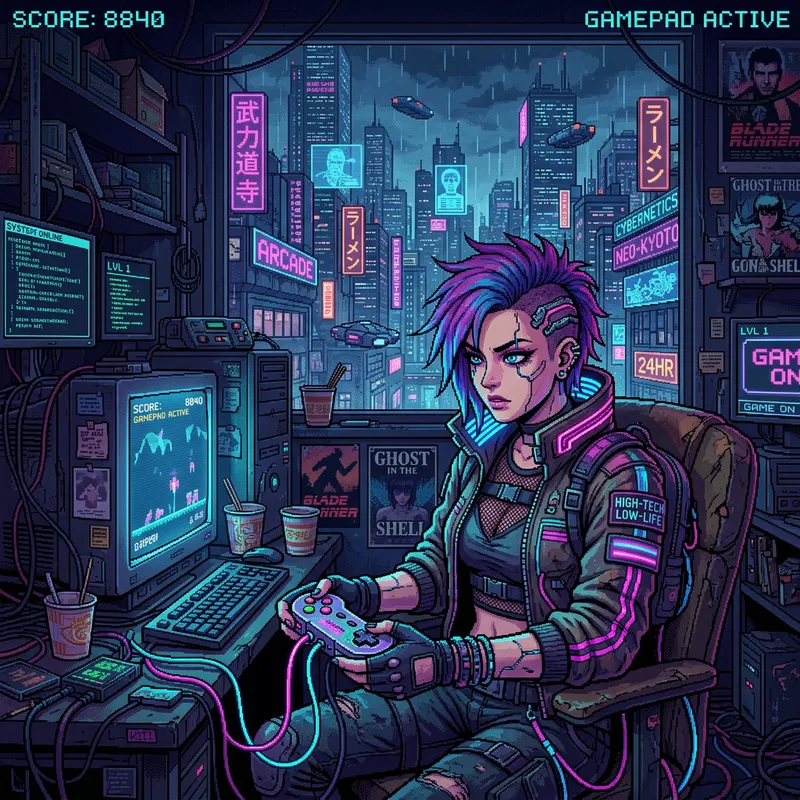 Cyberpunk Gamer in Pixel Art Style Cyberpunk Gamer in Pixel Art Style