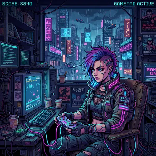 Cyberpunk Gamer in Pixel Art Style