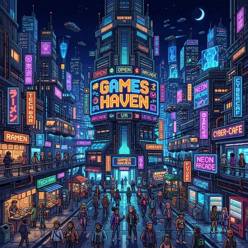 Vibrant Cyberpunk City with Games Haven Sign