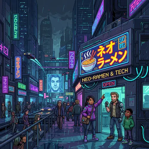 Pixel Art Cyberpunk City with Vibrant Shop Scene