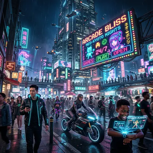 Vibrant Cyberpunk City: People & Neon Art