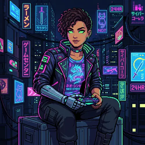 Minimalistic Cyberpunk Woman with Gamepad Pixel Art