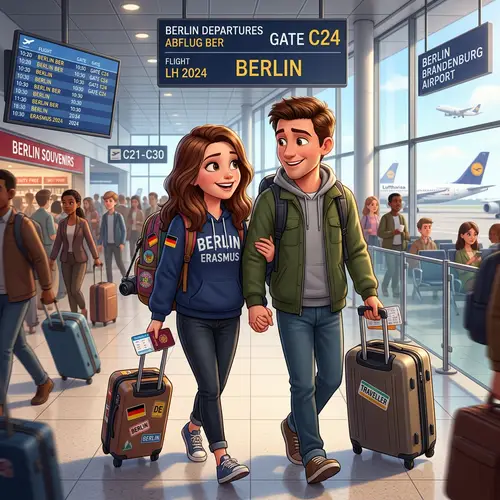 Disney Pixar Style Couple at Airport Going to Berlin