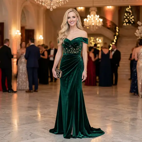 Elegant Caucasian Woman in Formal Evening Gown