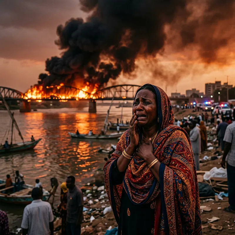 Sudanese Woman in Traditional Clothes in Distress at River Nile