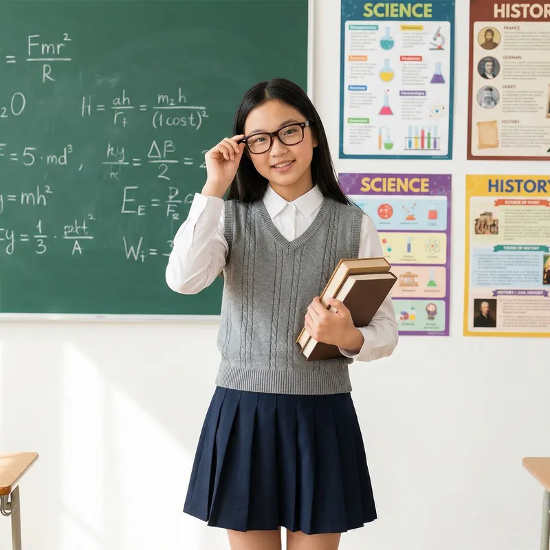 Adorable Asian Schoolgirl in Classroom | Petite Figure & Pleated Skirt