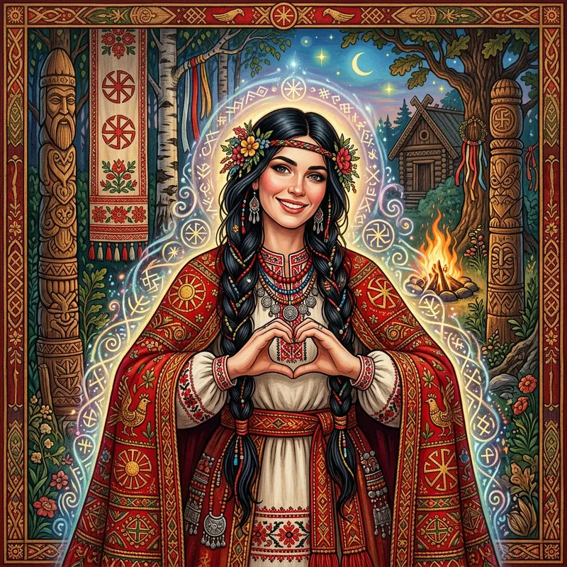 Ancient Slavic Mythology: Mara in Red Cloak Showing Heart Symbol