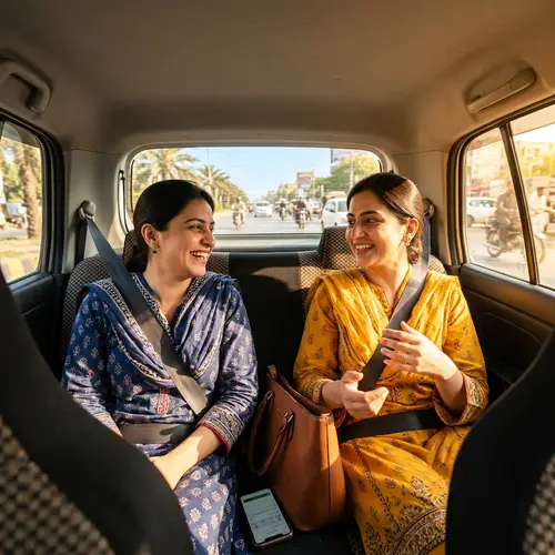 Professional Pakistani Women Enjoying Ride Home in Ride-Hailing Service