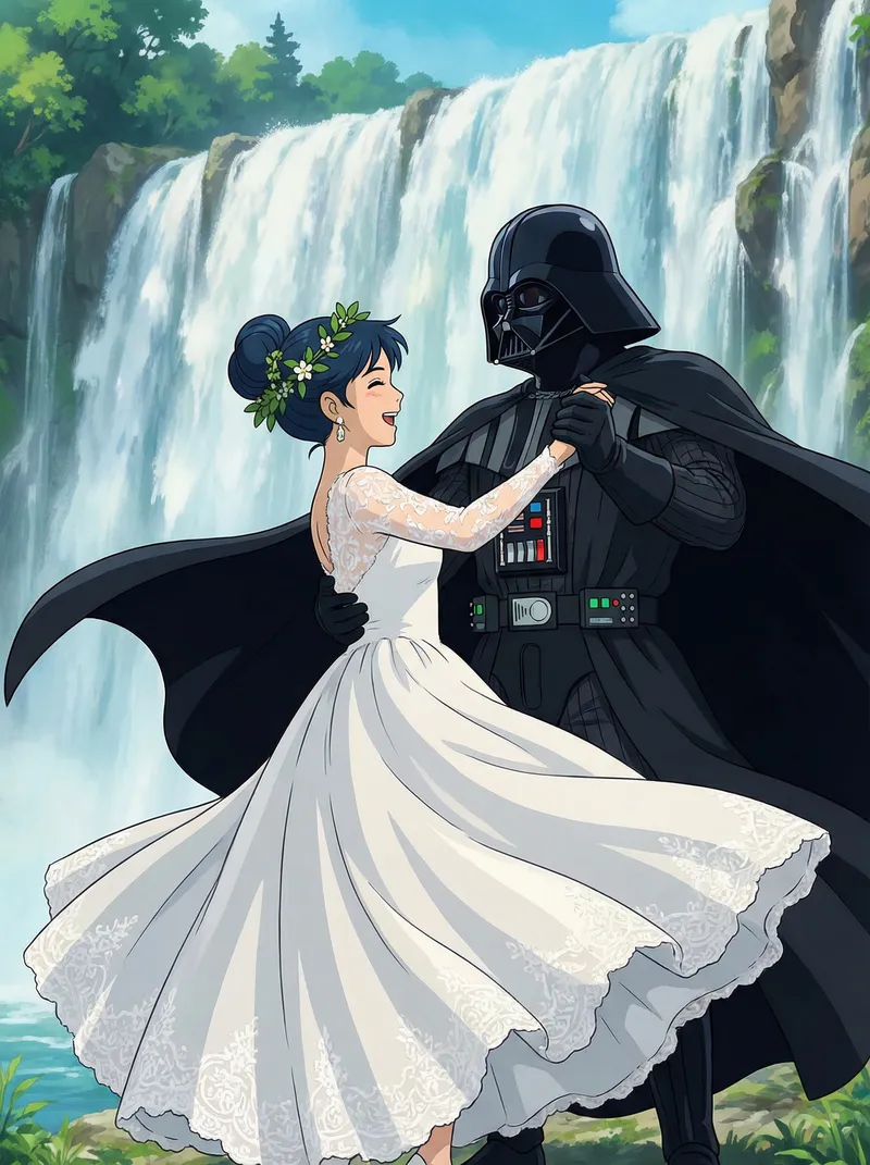 Anime Woman in White Dress with Darth Vader & Waterfall Anime Woman in White Dress with Darth Vader & Waterfall