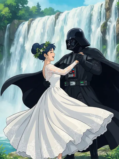 Anime Woman in White Dress with Darth Vader & Waterfall