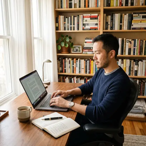 Experienced Writer Working in Tidy Study | Literary Scene Captured