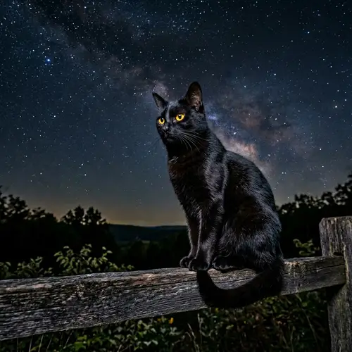 Graceful Black Cat on Wooden Fence | Night Sky & Stars