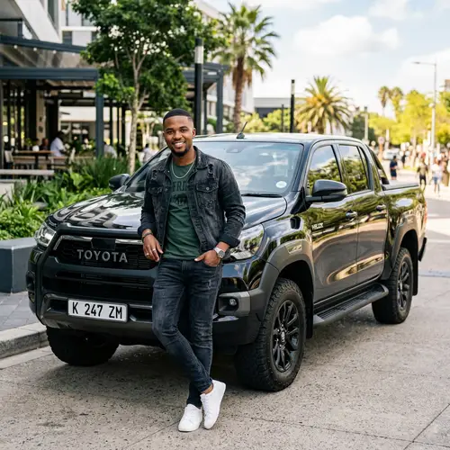 Stylish African Man with Black Hilux - Fashionable Pose