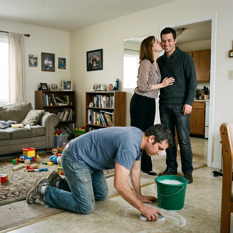 Cuckold Scrubbing Floor While Wife Kisses Man