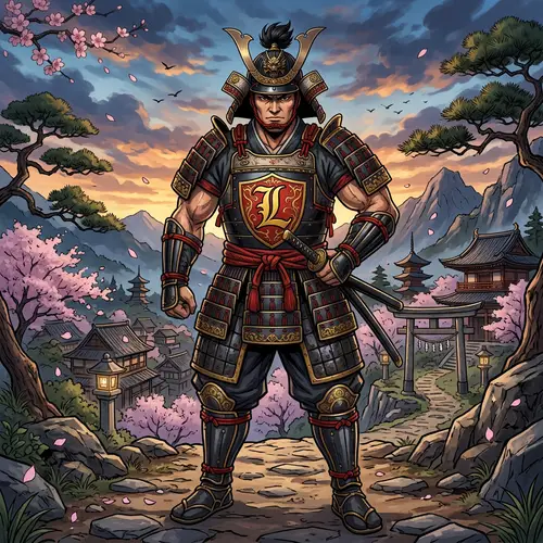 Muscular Samurai Warrior with L Emblem Artwork