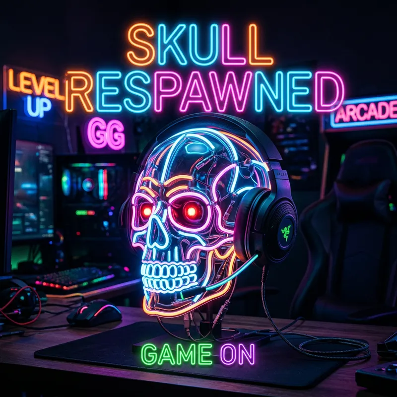 Glowing Neon Skull with Gaming Headset Glowing Neon Skull with Gaming Headset