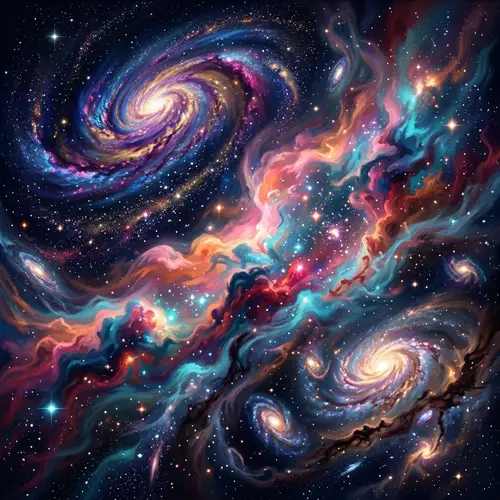 Mesmerizing Cosmic Scene with Swirling Galaxies and Vibrant Nebulae