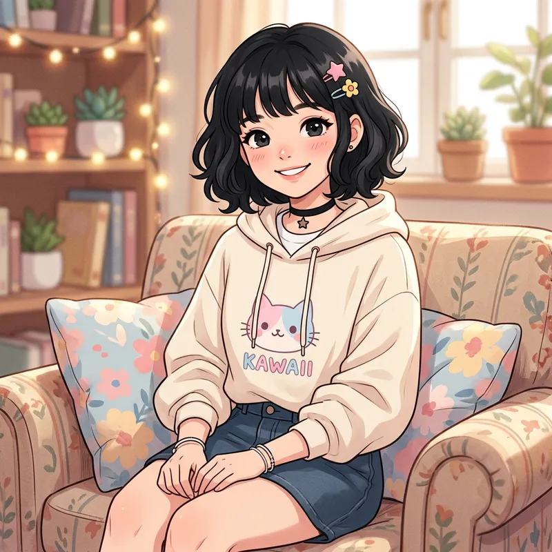 Kawaii Anime Girl with Black Hair Sitting Down