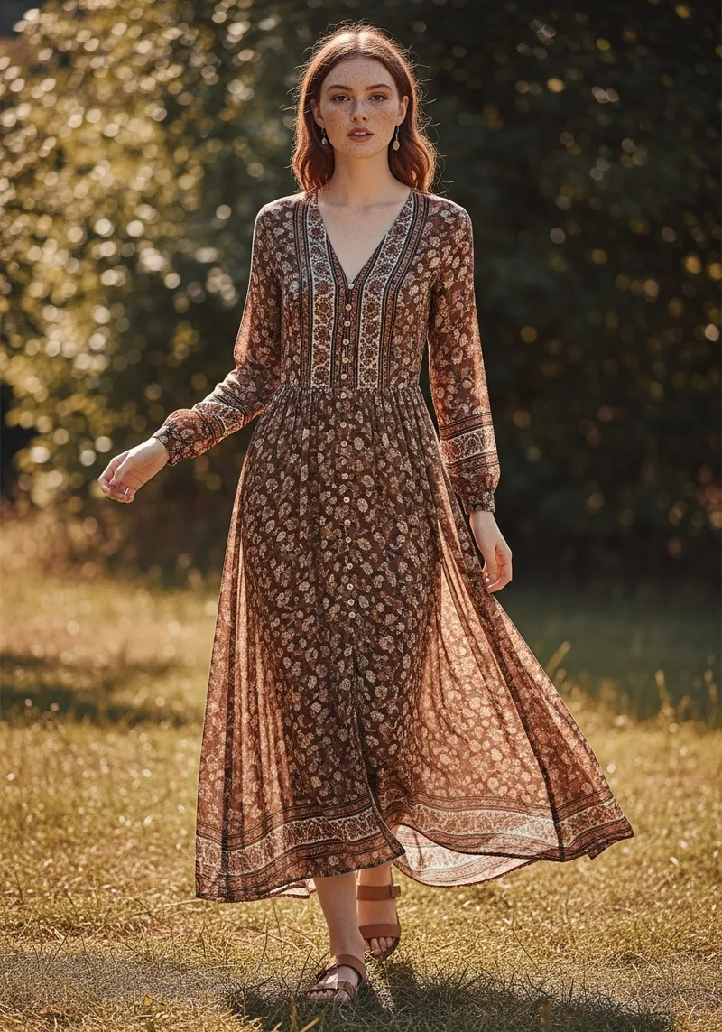 Bohemian Long Sleeve Dress in Earthy Tones