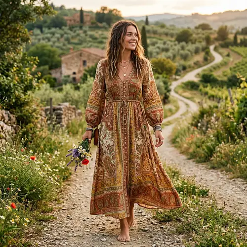 Bohemian Long Sleeve Dress in Earthy Tones