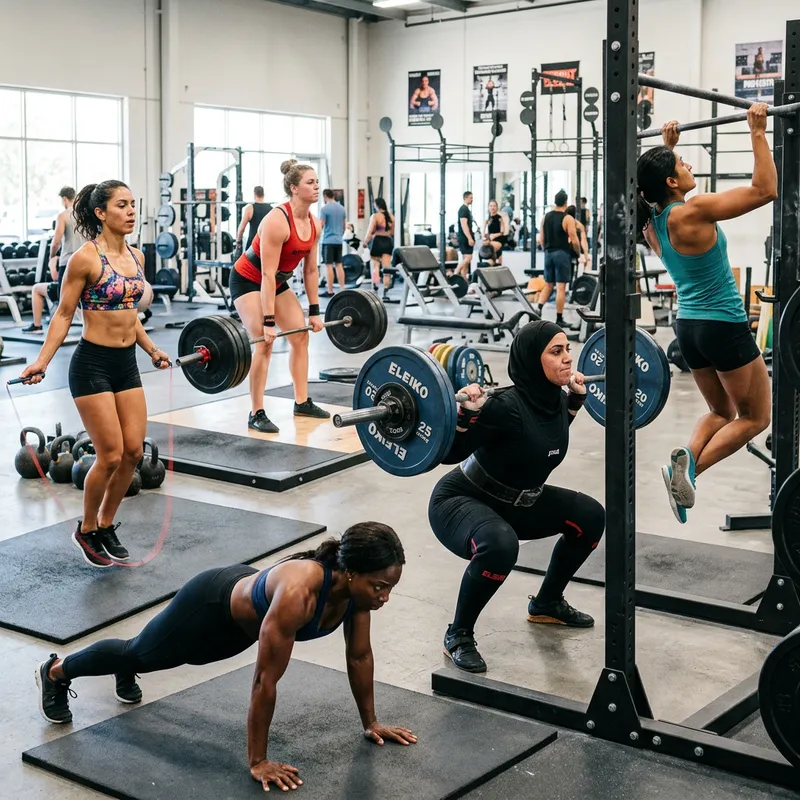 Empowering Muscle Women: Diverse Strength Training in Bright Gym