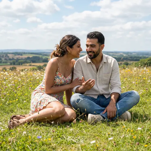 Intimate Scene of Middle-Eastern Man and South Asian Woman Engaged in Loving Conversation