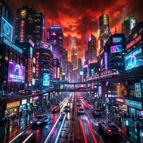 Cyberpunk Cityscape Under Red Night Sky