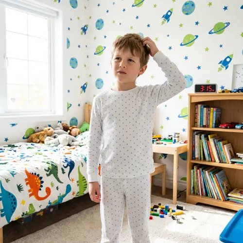 Confused Eight-Year-Old Boy in White Diapers | Playful Bedroom Scene