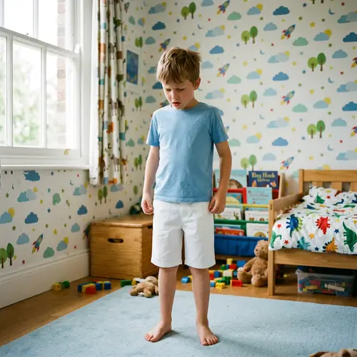Confused 8-Year-Old Boy in White Shorts | Child's Bedroom Scene