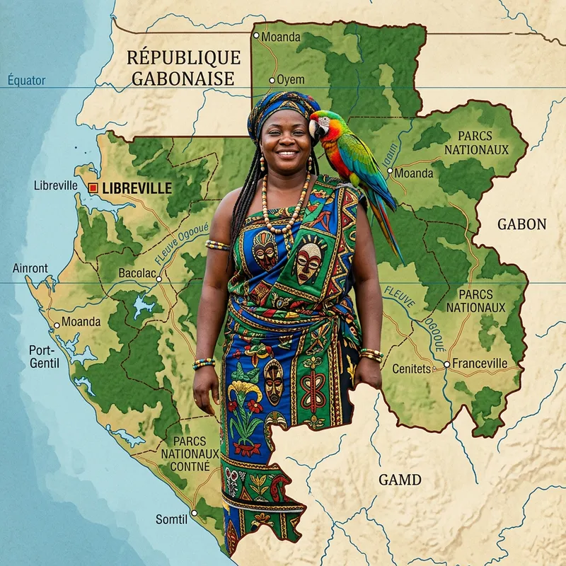 Traditional Gabonese Woman with Parrot and Map