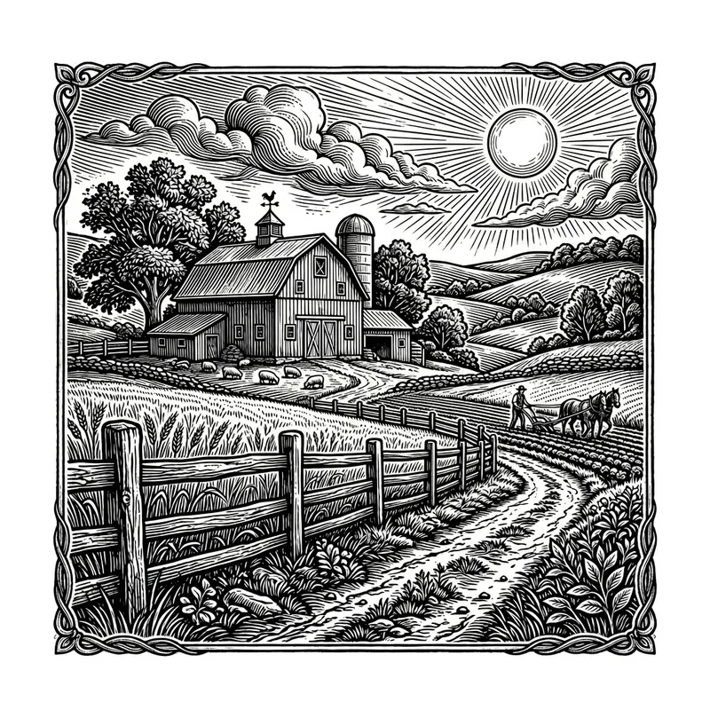 Vintage Farm Scene T-Shirt Design in Black & White