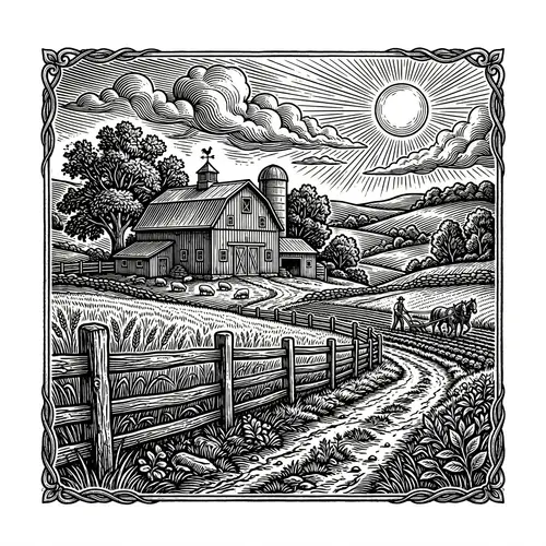 Vintage Farm Scene T-Shirt Design in Black & White