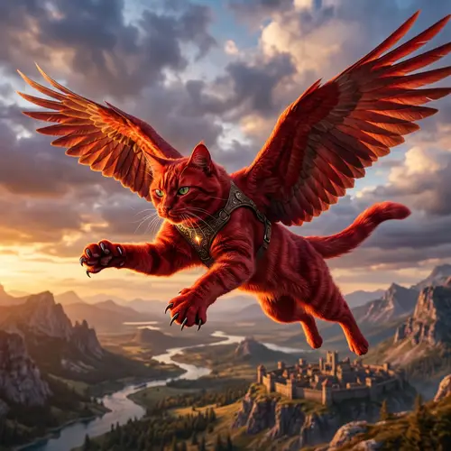 Red Flying Fighter Cat | Vibrant, Winged, Heroic Feline