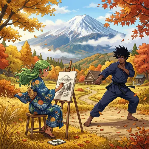 Serene Countryside Anime Scene: South Asian Female and Black Male Characters