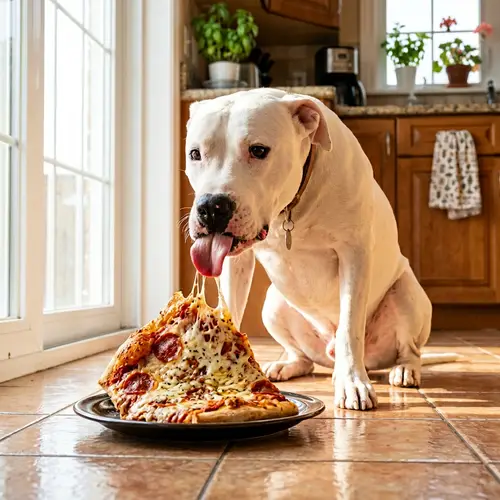 Dogo Argentino Eating Pizza: Cheesy Delight for Your Canine Companion