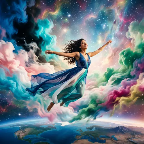 Hispanic Woman Soaring High in Celestial Dome Surrounded by Ethereal Clouds