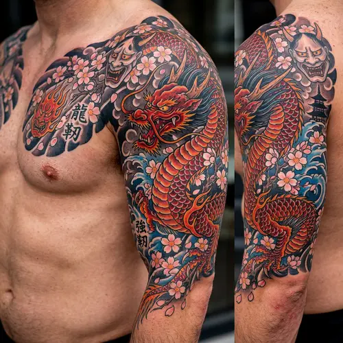 Intricate Japanese Dragon Tattoo Design - Cherry Blossom Motif